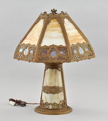 Appraisal: A Slag Glass Lamp and Shade Measuring approx H with