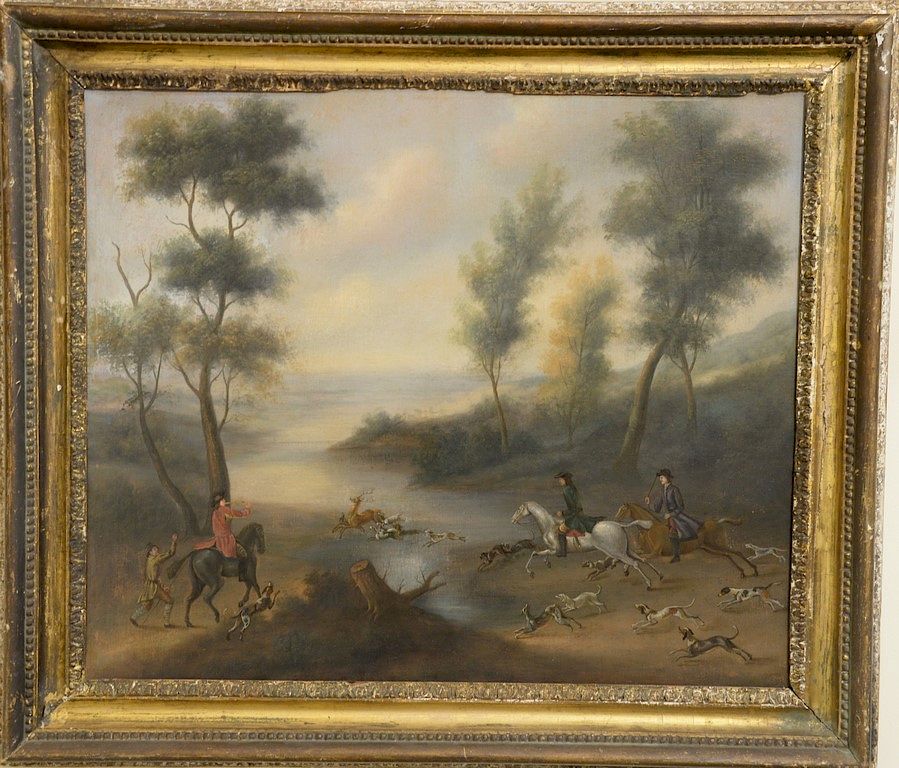 Appraisal: English School oil on canvas Deer Hunt with Dogs Equestrian