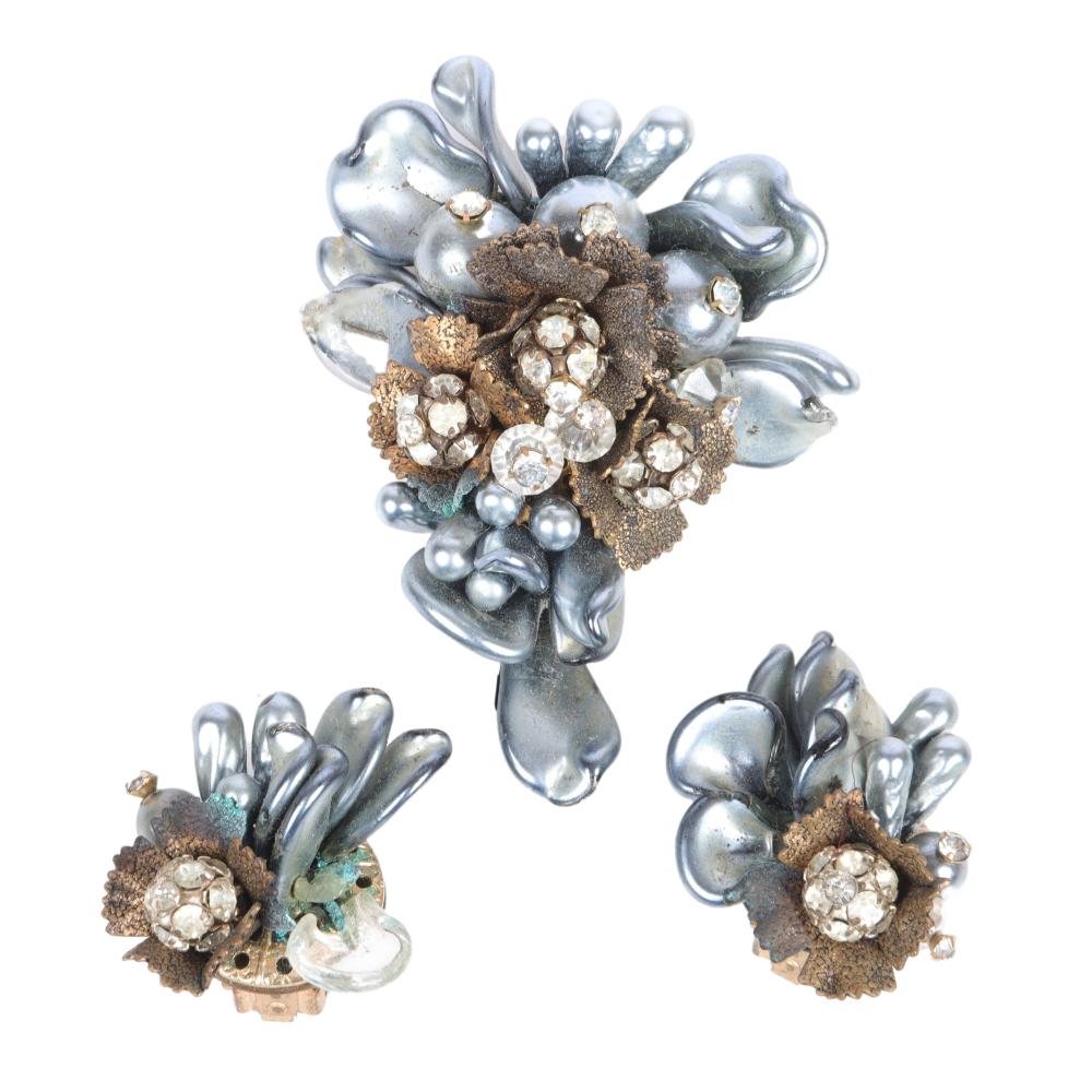 Appraisal: SCHIAPARELLI BROOCH EARRINGS WITH LAYERED SILVER FAUX PEARL CLUSTER TIPPED