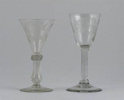 Appraisal: Two Jacobite style wine glasses one engraved with a portrait