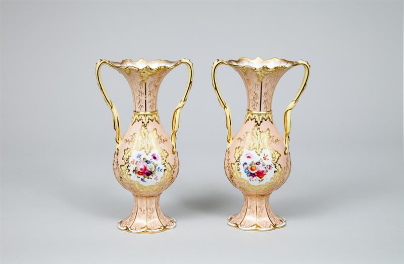 Appraisal: Pair of Victorian Apricot-Ground Porcelain Two-Handled Mantel Vases Both x