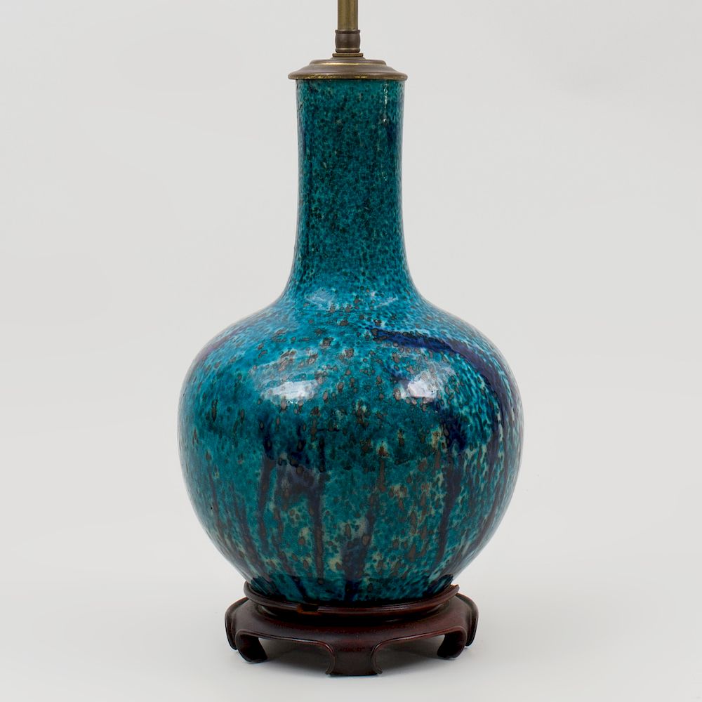 Appraisal: Chinese Mottle Blue Glazed Porcelain Bottle Vase Mounted as a