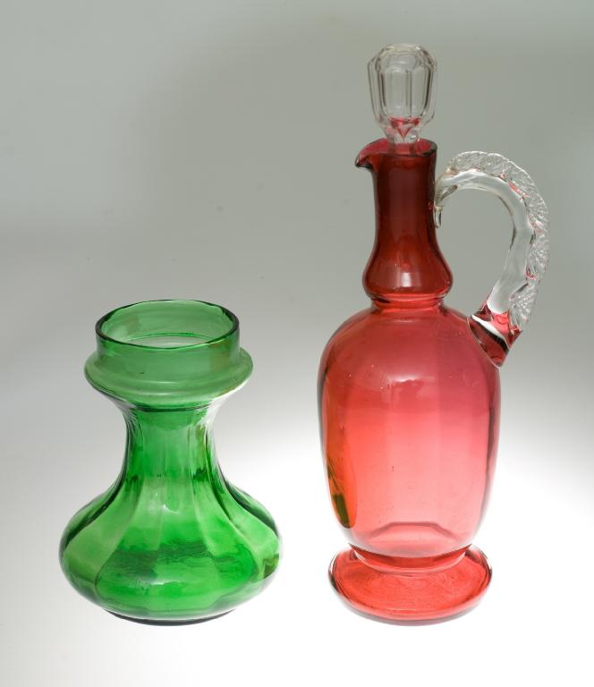 Appraisal: VICTORIAN CRANBERRY GLASS DECANTER of baluster form with crimped clear-glass