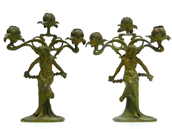 Appraisal: Pair Art Nouveau style brass candelabras decorated with long-haired woman