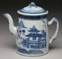 Appraisal: BLUE AND WHITE CANTON SMALL LIGHTHOUSE SHAPED TEAPOT Strap handle