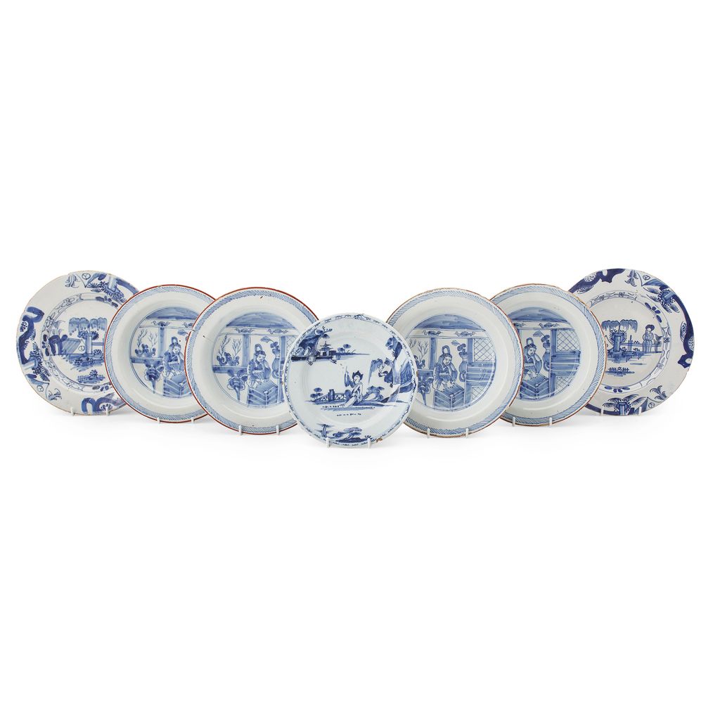 Appraisal: GROUP OF SEVEN BLUE AND WHITE DELFTWARE DISHES TH EARLY