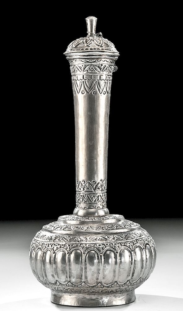 Appraisal: th C Indian Silver Repousse Bottle w Stopper Holiday Shipping