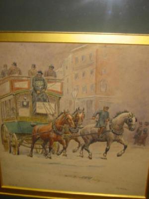 Appraisal: W H LEAR London Coaching Scene reproduction with watercolour signed