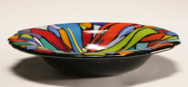 Appraisal: Kymm Hughes black glass bowl having mosaic design Signed Glass