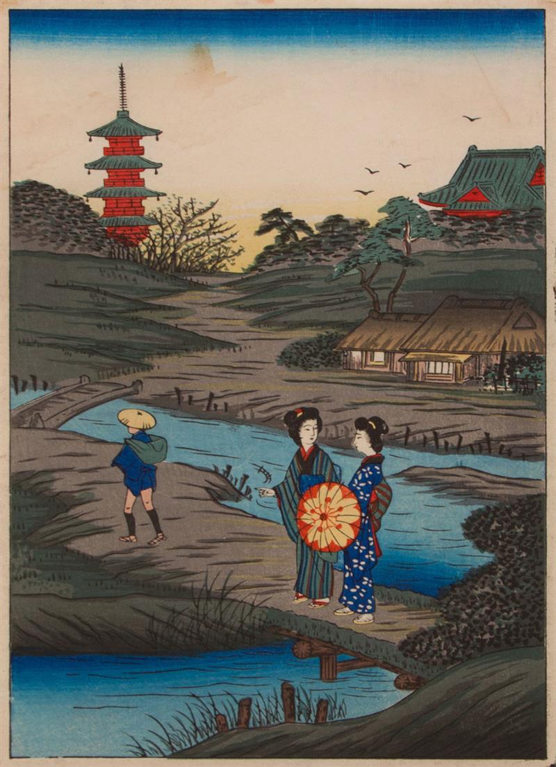 Appraisal: Japanese School Beauties in a Landscape Woodblock print together with