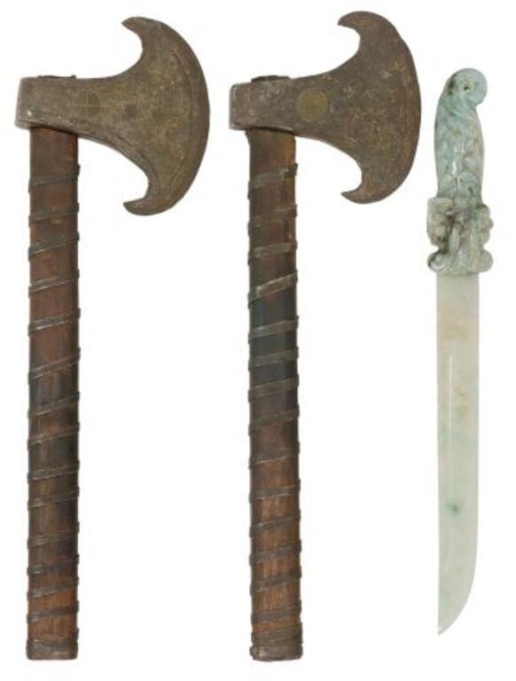 Appraisal: lot of Chinese weaponry and desk items including iron hatchets