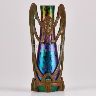 Appraisal: AUSTRIAN ART NOUVEAU Art glass vase with bronze metal mounts