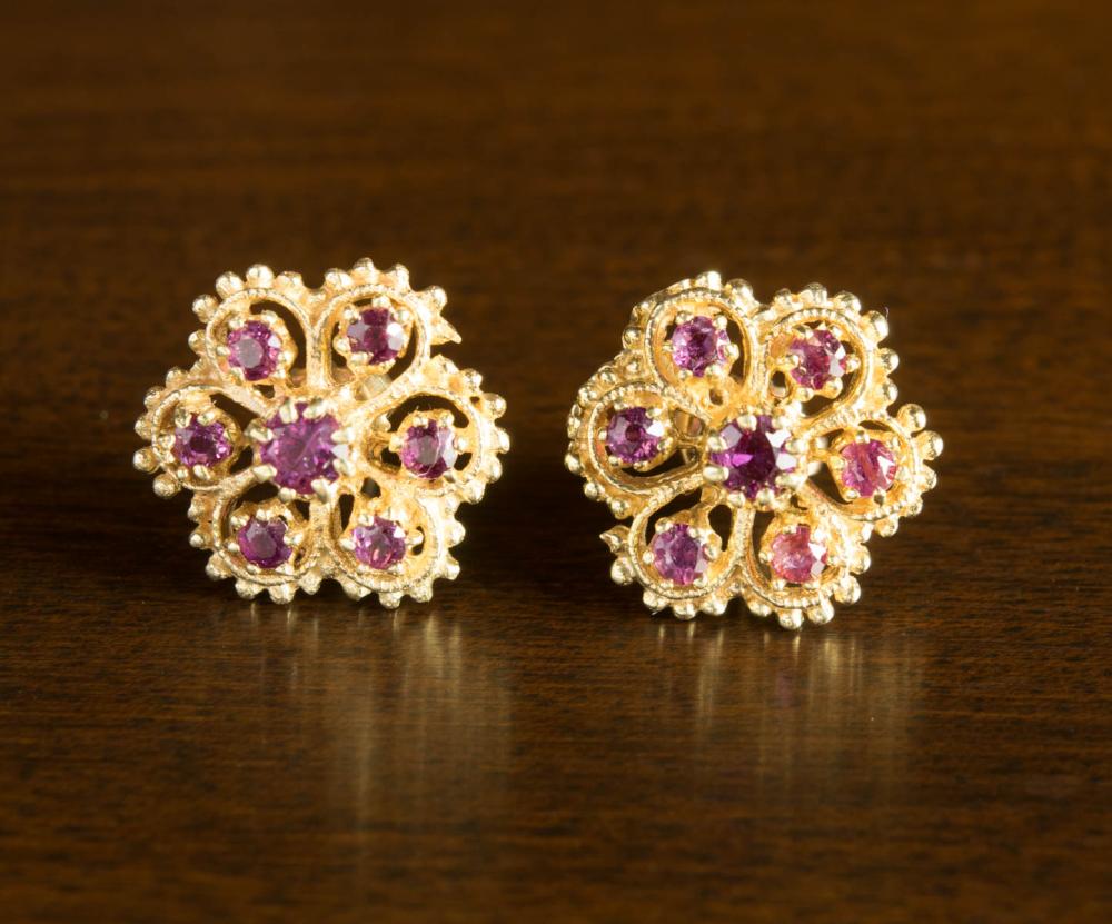 Appraisal: PAIR OF RUBY AND FOURTEEN KARAT GOLD EARRINGS each set