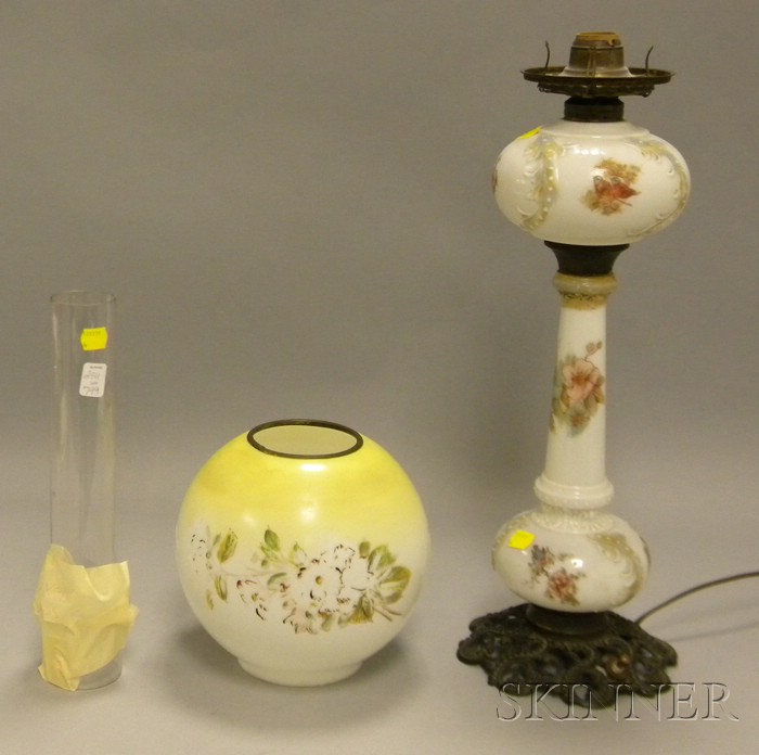 Appraisal: Late Victorian Floral Transfer Decorated Milk Glass Kerosene Lamp with