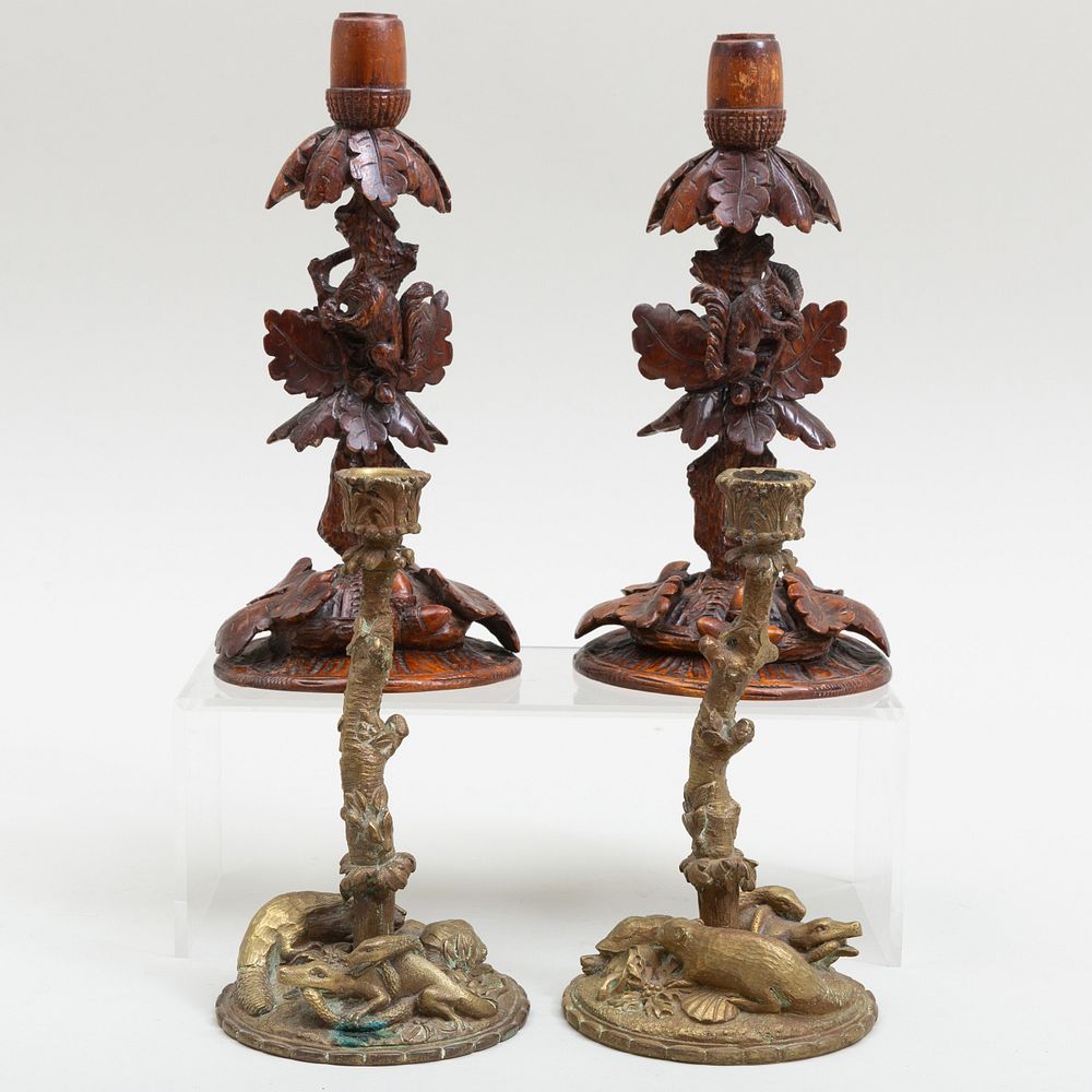 Appraisal: Pair of English Carved Wood Squirrel and Oak Candlesticks and