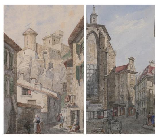 Appraisal: CONTINENTAL SCHOOL th century CITY STREET SCENE and MOUNTAIN TOWN