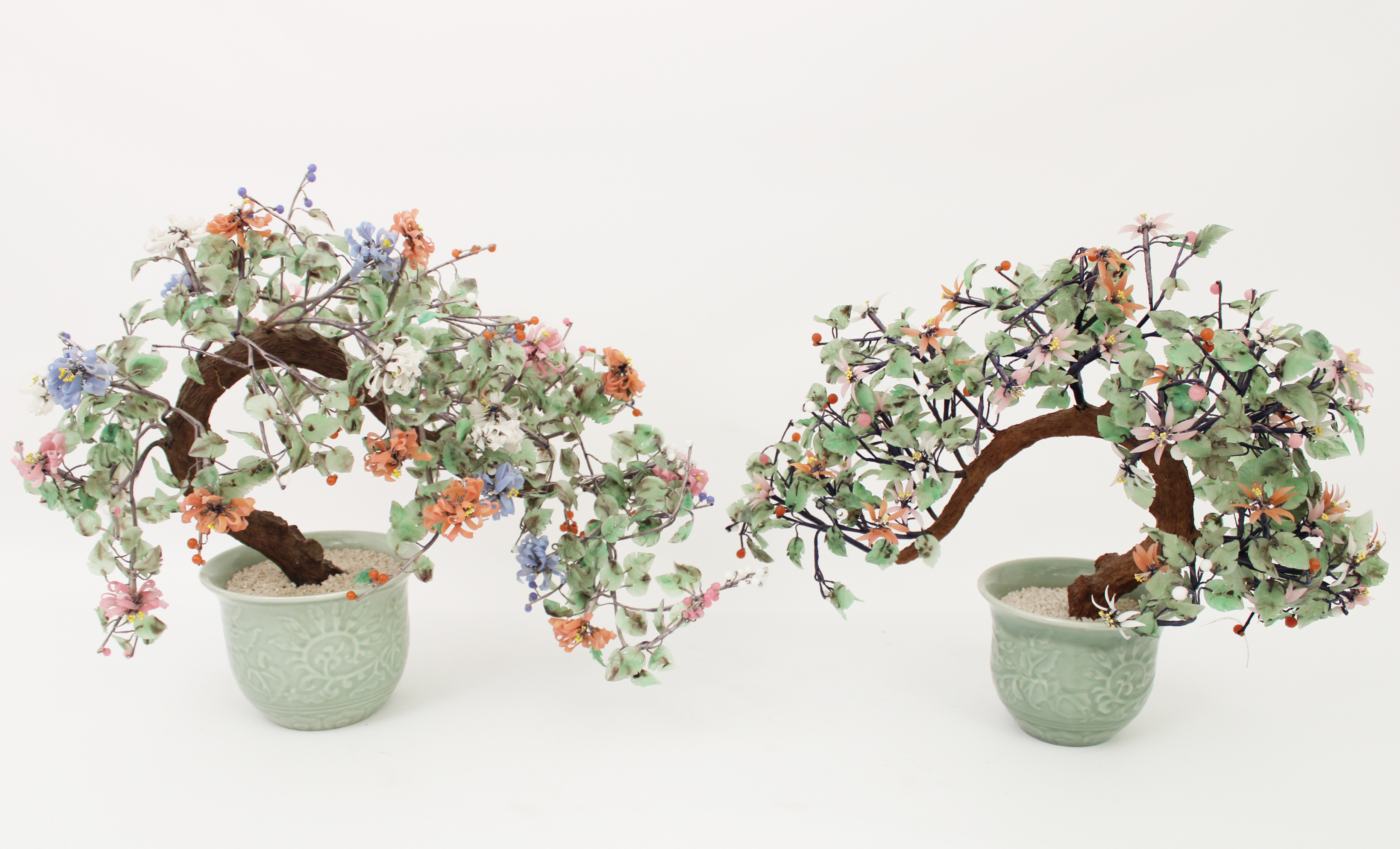 Appraisal: PAIR OF CHINESE HARDSTONE FLOWER TREES Pair of Chinese hardstone