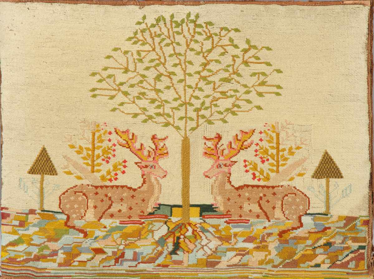 Appraisal: th Cent Needlework Depicting Stags stylized trees foreground Condition Some