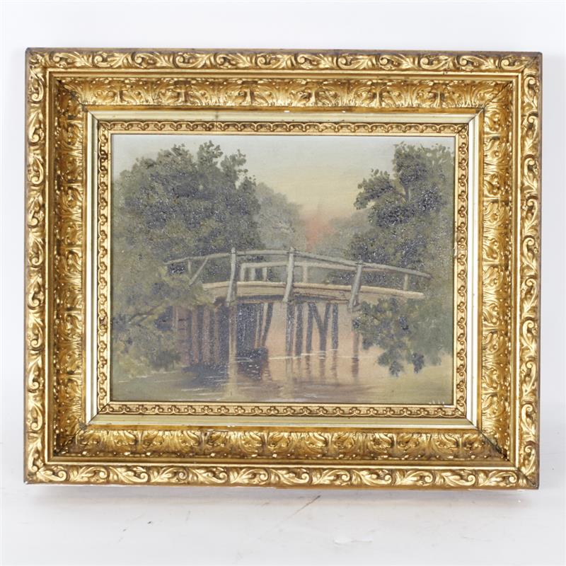 Appraisal: Primitive bridge over water landscape oil on board In gilt