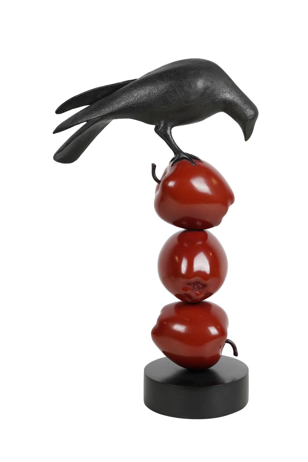 Appraisal: PETER WOYTUK RAVEN WITH THREE APPLES patinated metal inscribed and