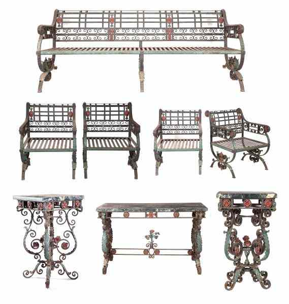 Appraisal: Set of Wrought Iron Garden Furniturelate th century to include