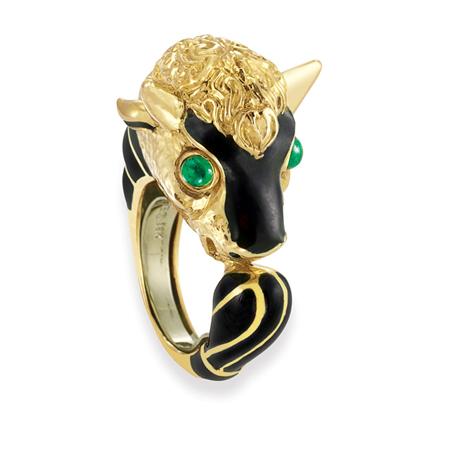 Appraisal: Gold Enamel and Cabochon Emerald Bull's Head Ring David Webb