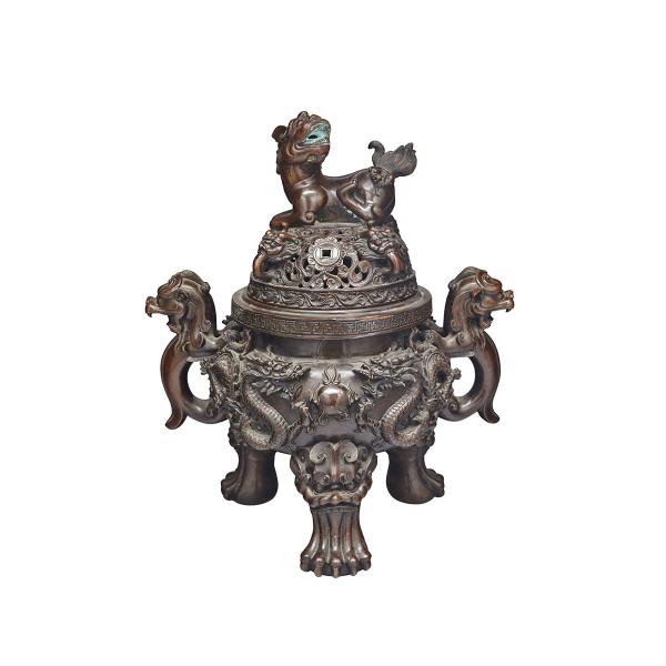 Appraisal: Large Bronze Dragon and Fu-Lion Tripod Censer Xuande Mark th