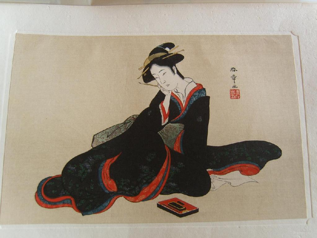 Appraisal: Two Japanese woodcuts after Katsukawa Shunsho - a beauty with