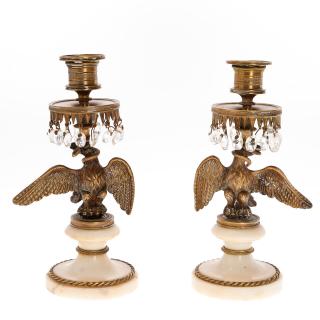 Appraisal: Pair Regency bronze marble Eagle candlesticks Pair Regency bronze marble