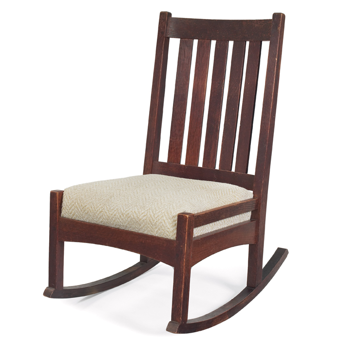 Appraisal: L and JG Stickley sewing rocker five vertical slats at