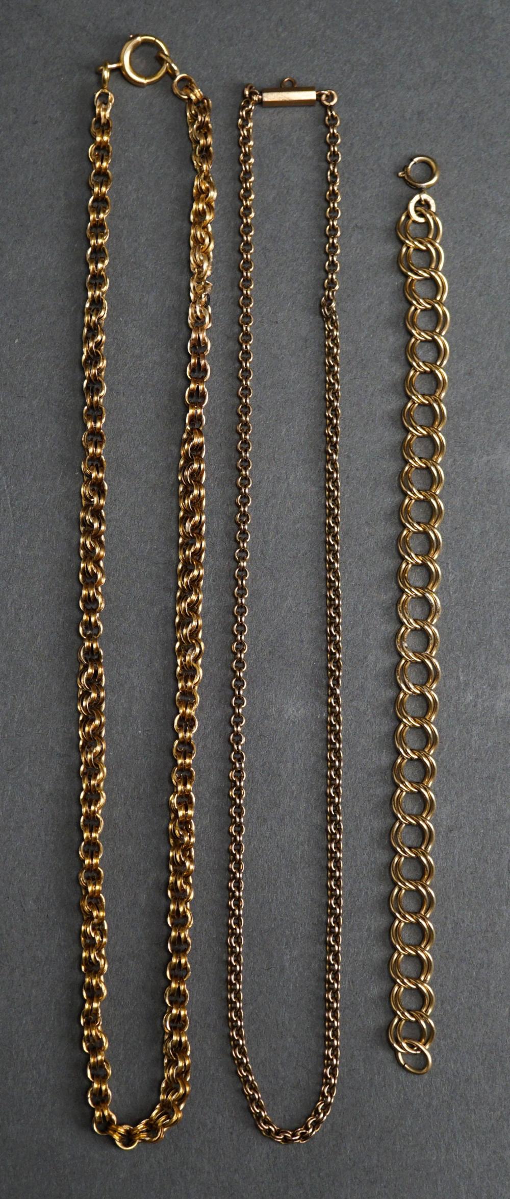 Appraisal: TWO TESTED -KARAT YELLOW-GOLD NECKLACES AND A BRACELET DWTTwo Tested