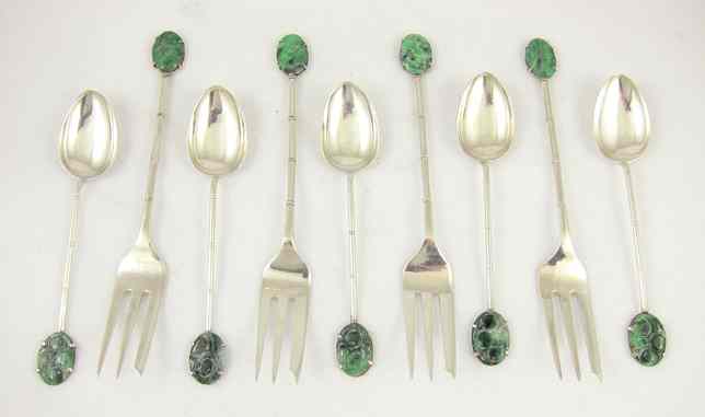 Appraisal: SET OF NINE CHINESE EXPORT SILVER JADE FLATWARE demitasse spoons