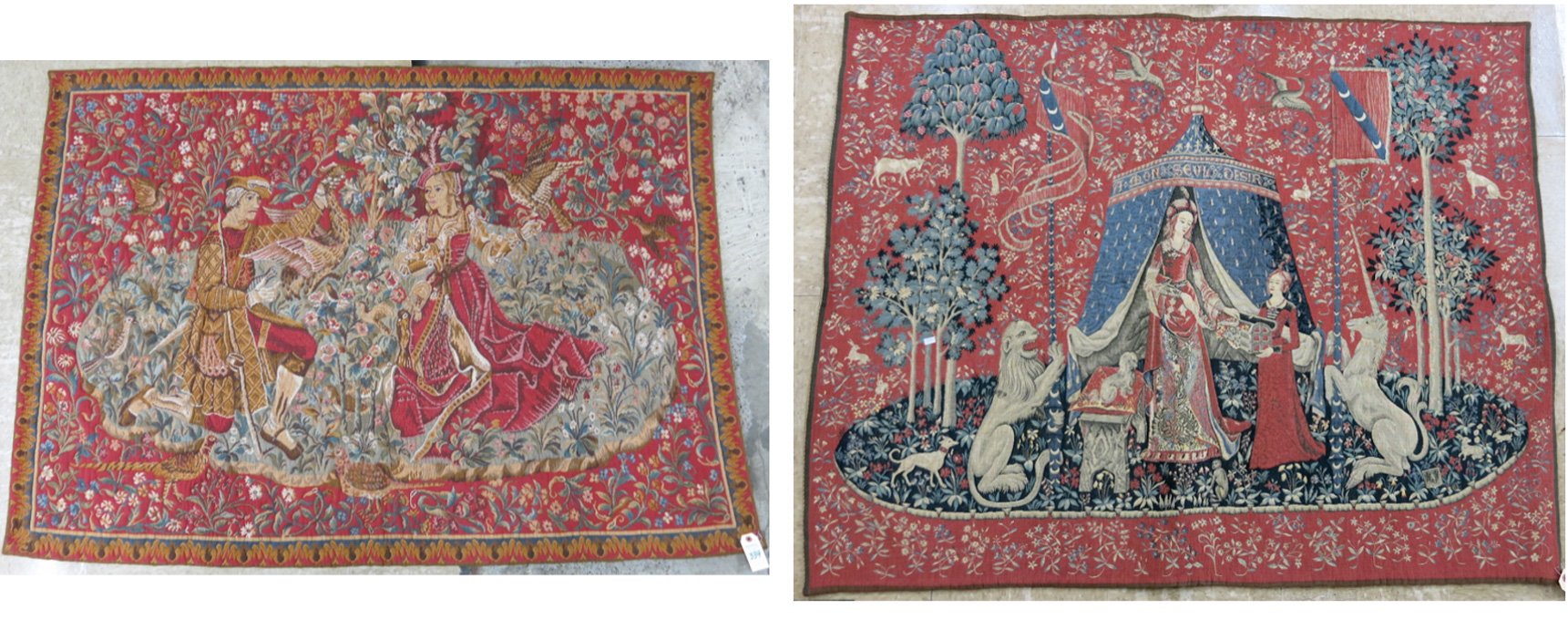 Appraisal: TWO PICTORIAL WALL TAPESTRIES The Lady and the Unicorn French