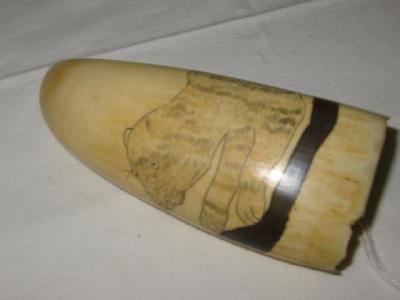 Appraisal: A SCRIMSHAW WHALE TOOTH depicting a wind cat wide