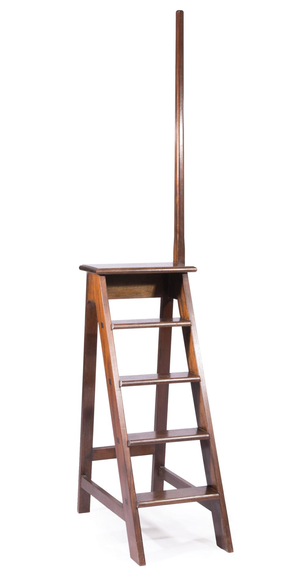 Appraisal: Mahogany Library Ladder five steps chamfered reverse tapered guidepost stretchered