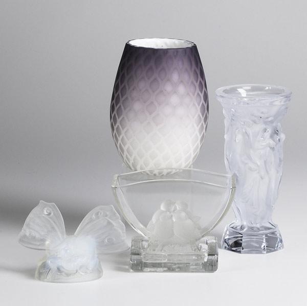 Appraisal: GLASS GROUP Verlys flaring vase and ashtray opalescent butterfly paperweight