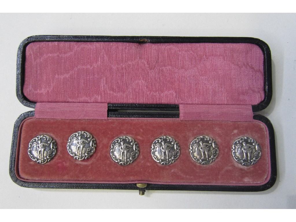 Appraisal: Cased set of six silver buttons depicting a minstrel Birmingham