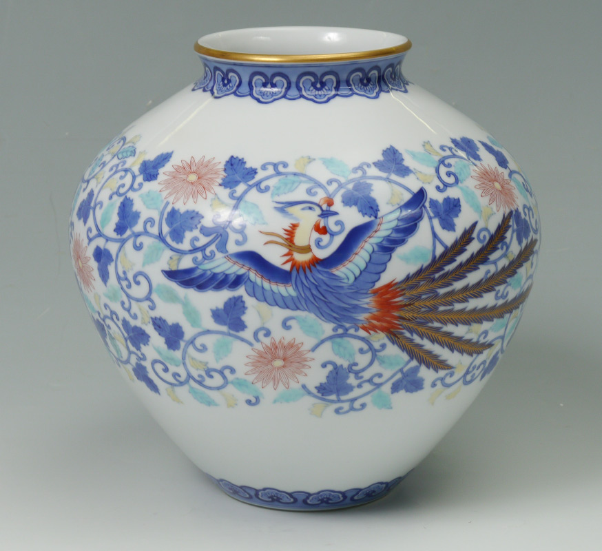 Appraisal: LARGE FUKAGAWA VASE WITH PHOENIX Polychrome decorated with phoenix floral