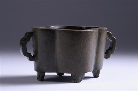 Appraisal: CHINESE BRONZE CENSER Quatrefoil-form with two handles - Length in