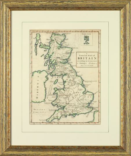 Appraisal: Ptolemy's Rectified Map of Britain hand-colored engraving sight x Glazed