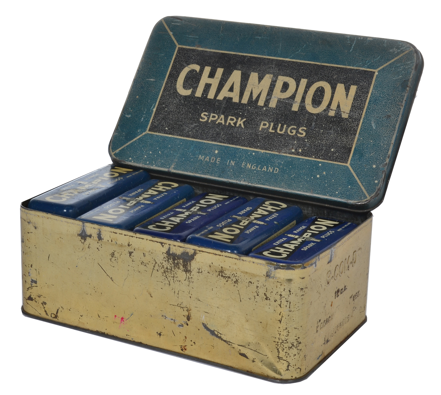 Appraisal: ANTIQUE TIN CONTAINING CHAMPION SPARK PLUG CONTAINERS