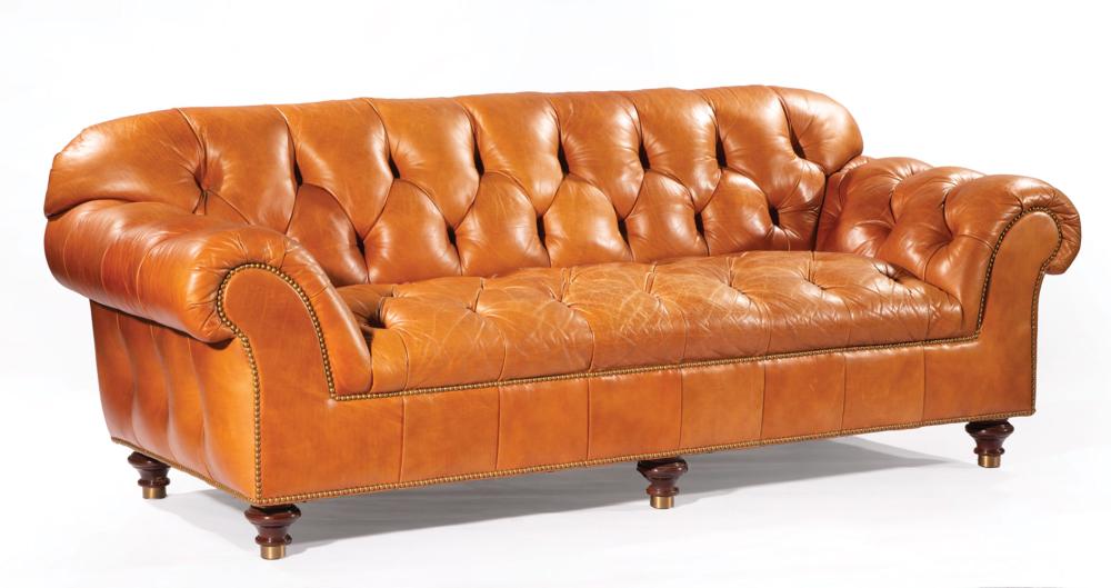 Appraisal: Chesterfield Leather Sofa labeled Hancock Moore button-tufted back seat and