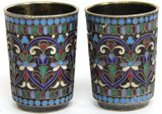 Appraisal: Pair of Tsarist Russian Enameled Silver Vodka Cups silver late