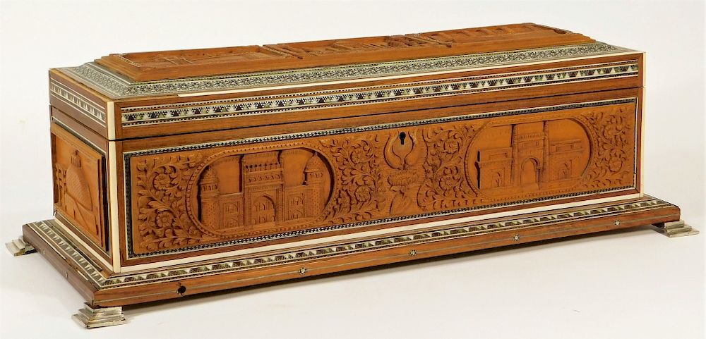 Appraisal: Anglo-Indian Bone Inlaid Wood Scroll Document Box India th Century