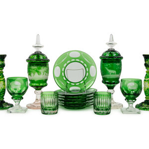 Appraisal: A Group of Bohemian Green Cut-to-Clear Glass Table Articles th