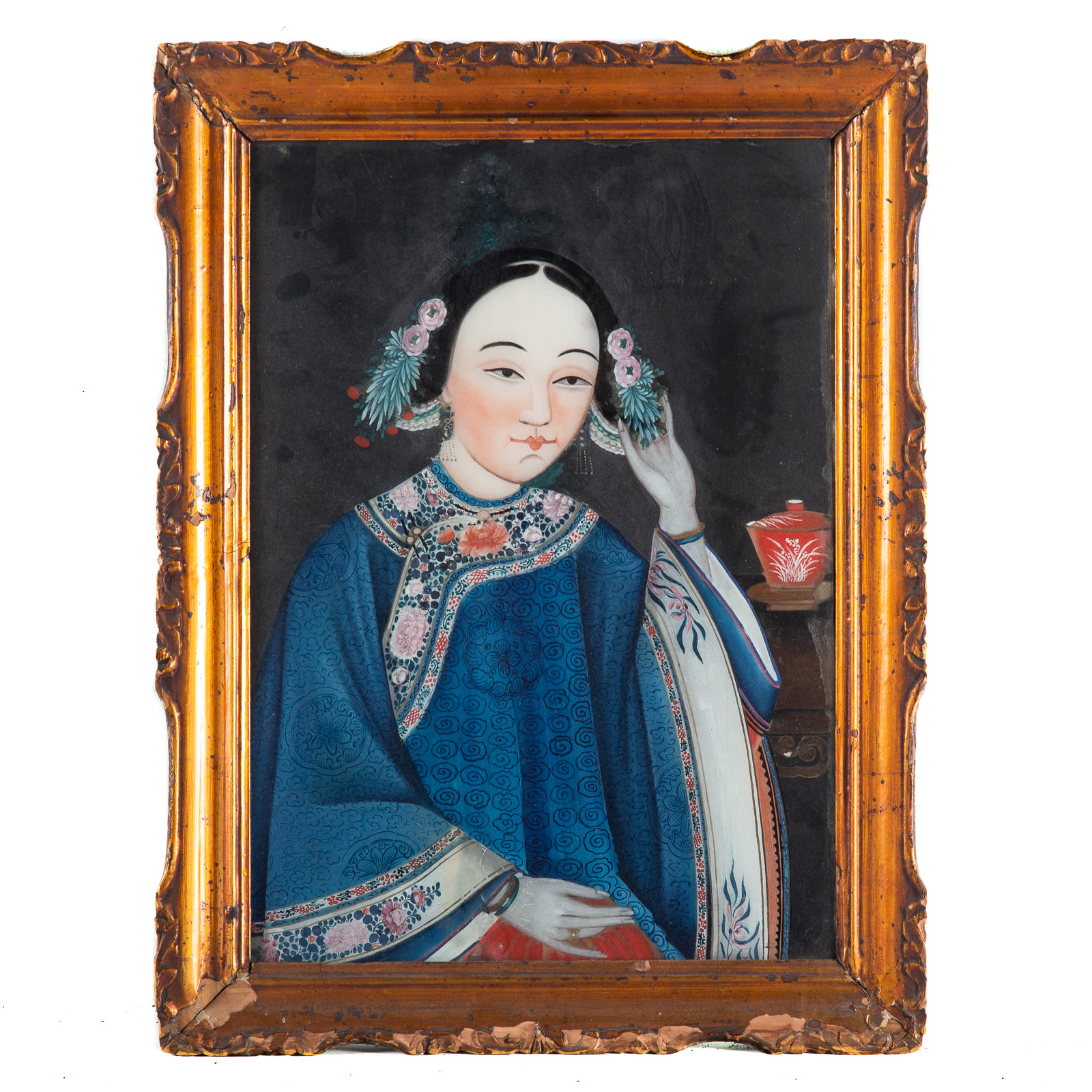 Appraisal: CHINESE EXPORT REVERSE PAINTED MAIDEN PORTRAIT Mid- th century reverse