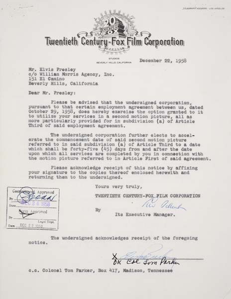 Appraisal: ELVIS PRESLEY Typed letter signed by Elvis acknowledging that Fox