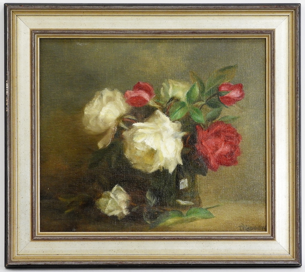 Appraisal: THEO HADDOW RED WHITE ROSES STILL LIFE PAINTING United Kingdom