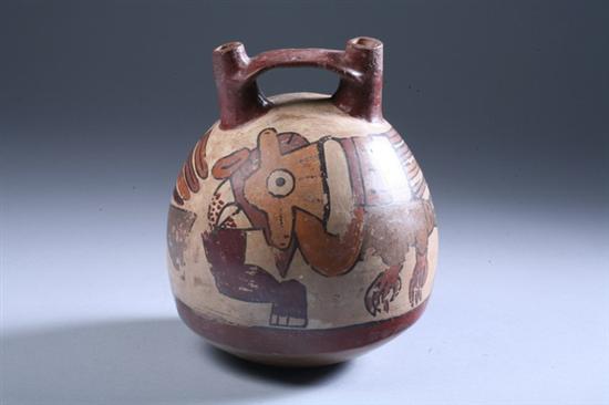 Appraisal: NASCA POLYCHROME BRIDGE-SPOUT VESSEL circa - A D Of ovoid-form