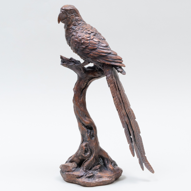 Appraisal: CARVED WOOD AND PATINATED METAL MODEL OF A PARROT ON